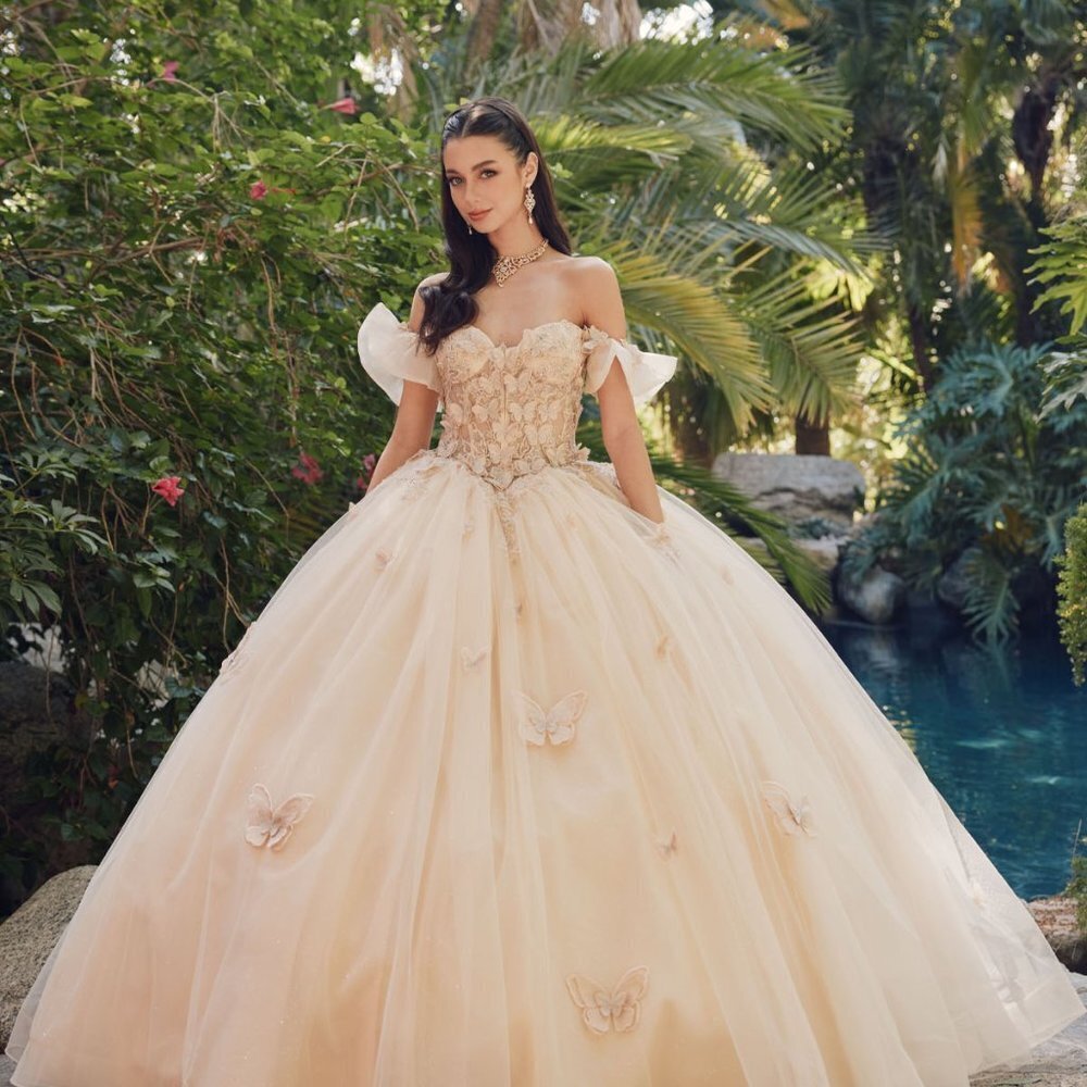 NEW LONG FORMAL SLEEVELESS BALL GOWN EMBROIDERED WITH BUTTERFLY APPLQIUE JT1448J